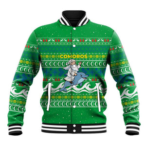 Comoros Christmas Baseball Jacket Santa Riding Dolphin Ocean Waves Crescent Moon - African Pride