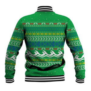 Comoros Christmas Baseball Jacket Santa Riding Dolphin Ocean Waves Crescent Moon - African Pride