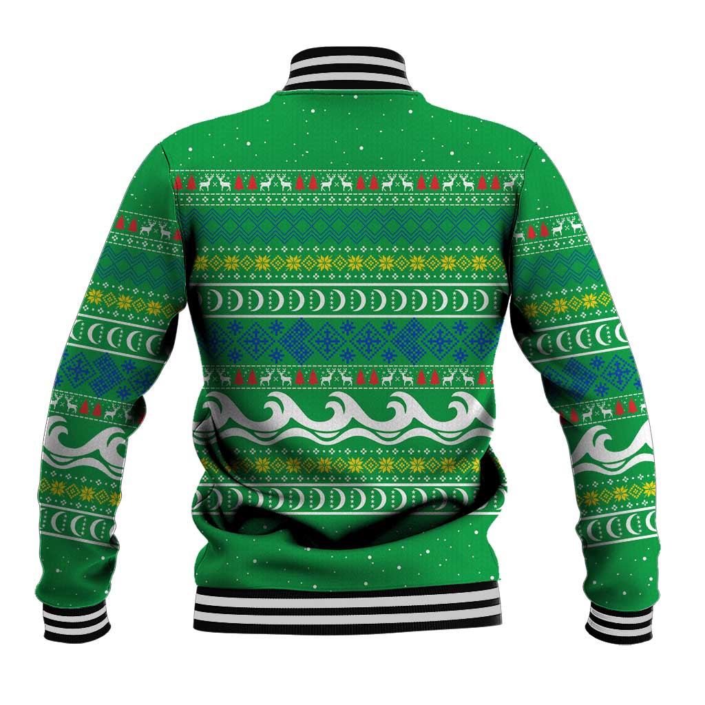 Comoros Christmas Baseball Jacket Santa Riding Dolphin Ocean Waves Crescent Moon - African Pride