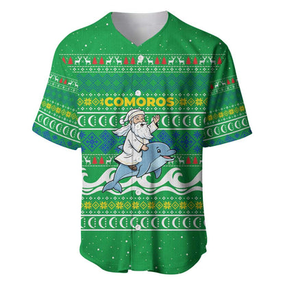 Comoros Christmas Baseball Jersey Santa Riding Dolphin Ocean Waves Crescent Moon - African Pride