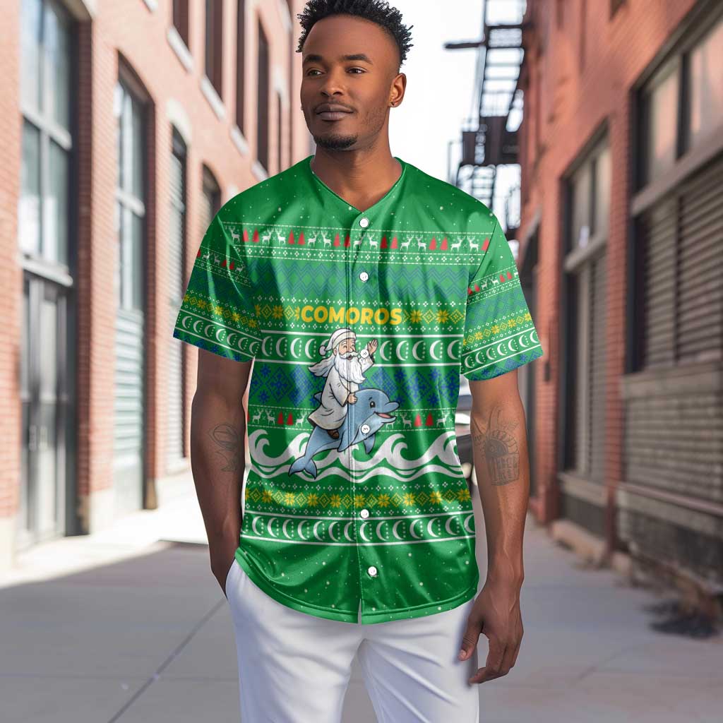 Comoros Christmas Baseball Jersey Santa Riding Dolphin Ocean Waves Crescent Moon - African Pride