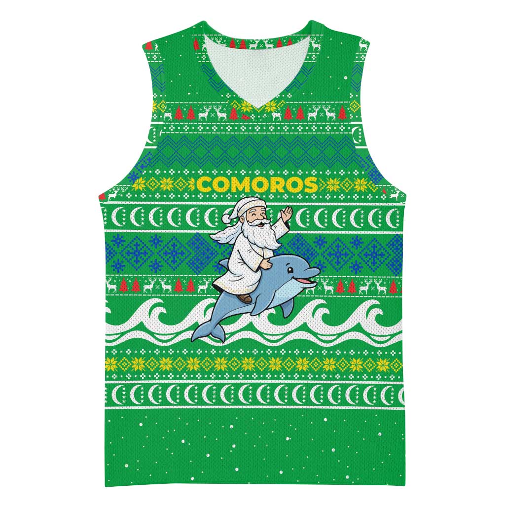 Comoros Christmas Basketball Jersey Santa Riding Dolphin Ocean Waves Crescent Moon - African Pride