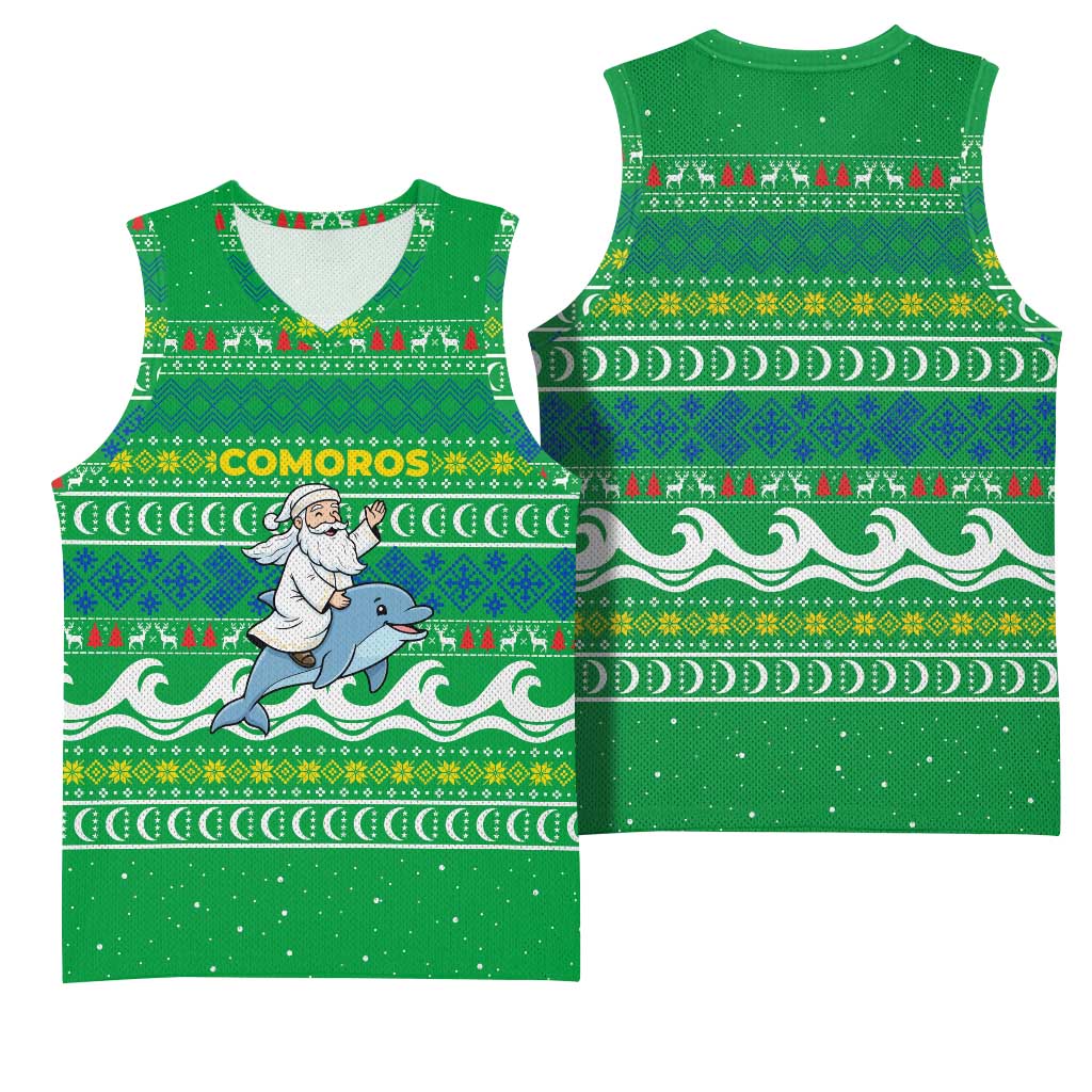 Comoros Christmas Basketball Jersey Santa Riding Dolphin Ocean Waves Crescent Moon - African Pride
