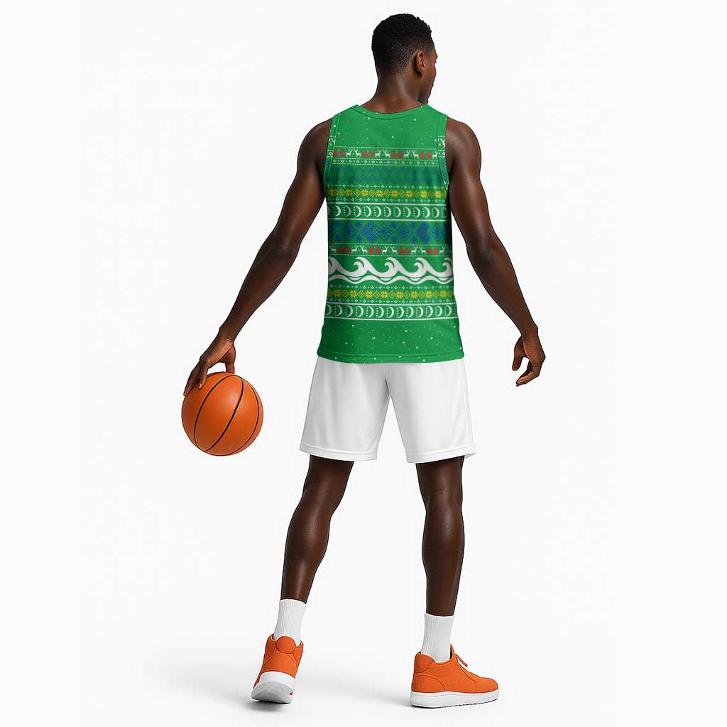 Comoros Christmas Basketball Jersey Santa Riding Dolphin Ocean Waves Crescent Moon - African Pride