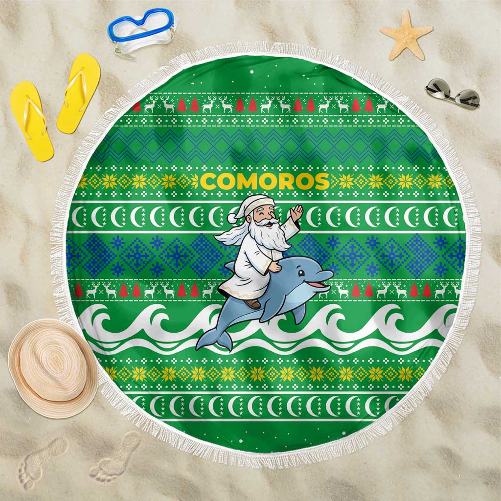 Comoros Christmas Beach Blanket Santa Riding Dolphin Ocean Waves Crescent Moon - African Pride