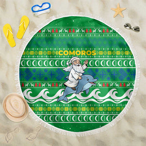 Comoros Christmas Beach Blanket Santa Riding Dolphin Ocean Waves Crescent Moon - African Pride