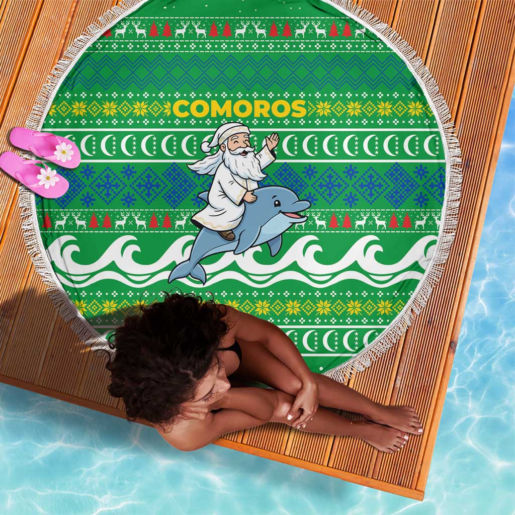 Comoros Christmas Beach Blanket Santa Riding Dolphin Ocean Waves Crescent Moon - African Pride