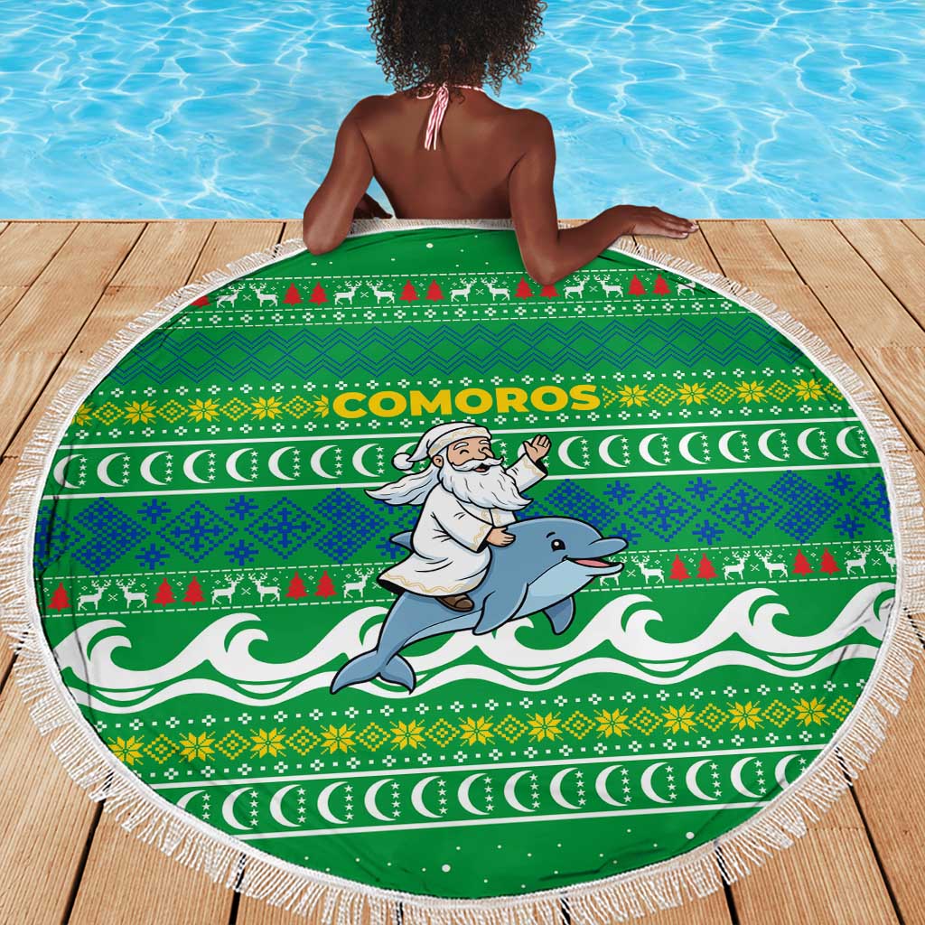 Comoros Christmas Beach Blanket Santa Riding Dolphin Ocean Waves Crescent Moon - African Pride