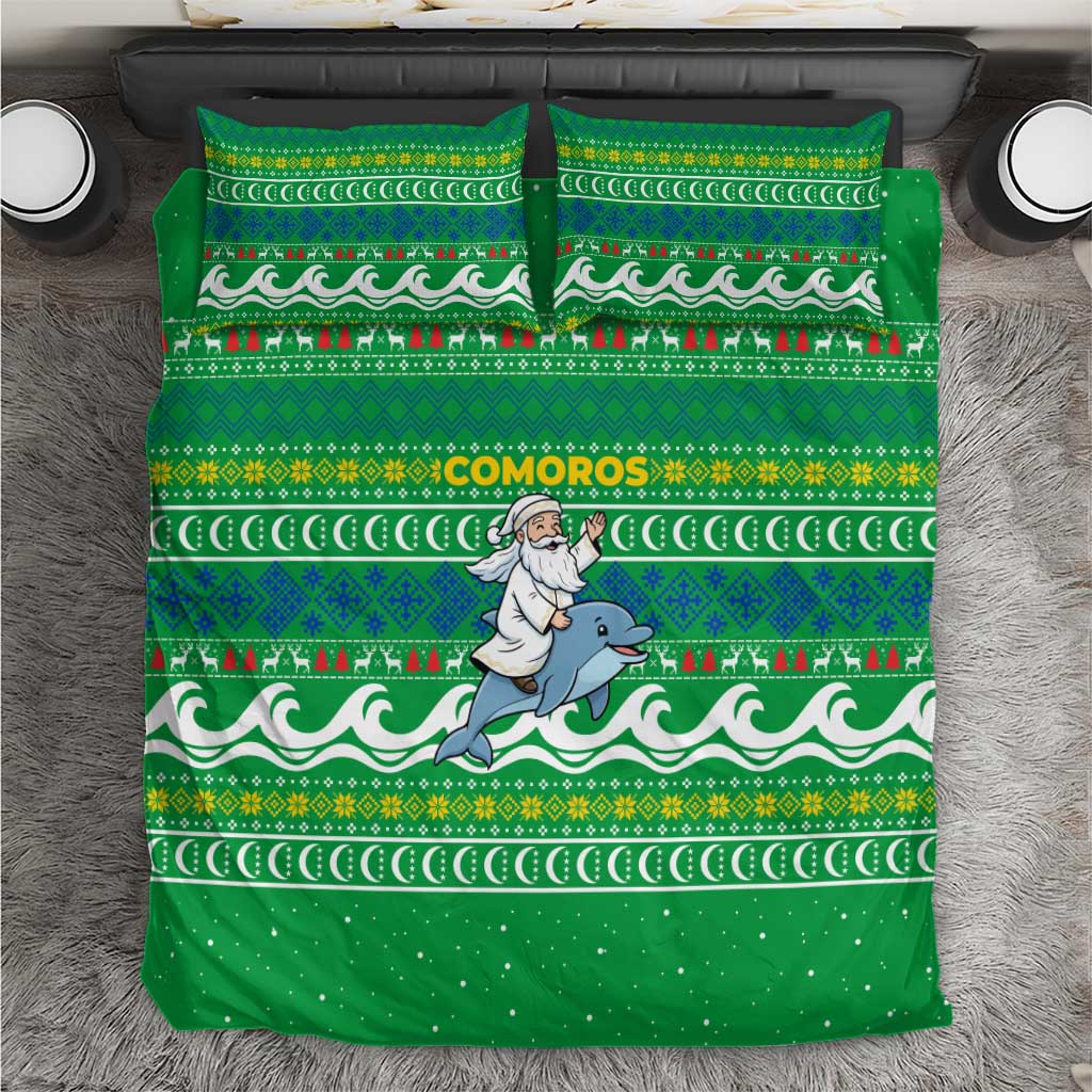 Comoros Christmas Bedding Set Santa Riding Dolphin Ocean Waves Crescent Moon - African Pride
