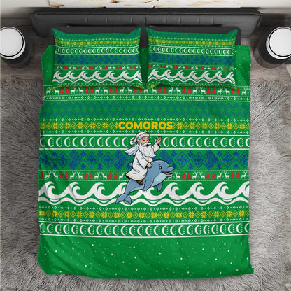 Comoros Christmas Bedding Set Santa Riding Dolphin Ocean Waves Crescent Moon - African Pride
