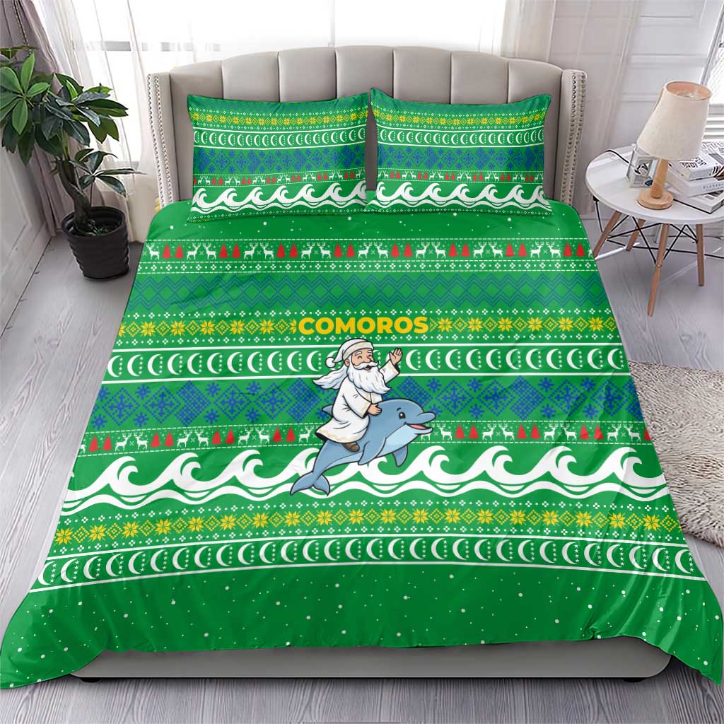 Comoros Christmas Bedding Set Santa Riding Dolphin Ocean Waves Crescent Moon - African Pride