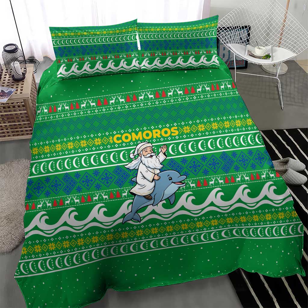 Comoros Christmas Bedding Set Santa Riding Dolphin Ocean Waves Crescent Moon - African Pride