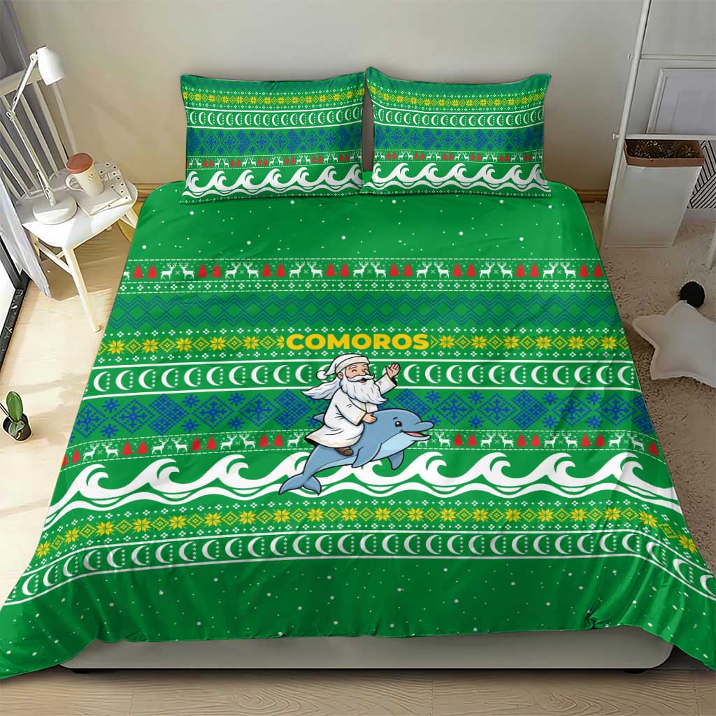 Comoros Christmas Bedding Set Santa Riding Dolphin Ocean Waves Crescent Moon - African Pride