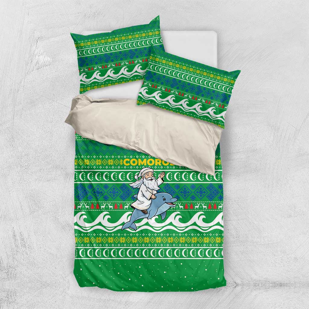 Comoros Christmas Bedding Set Santa Riding Dolphin Ocean Waves Crescent Moon - African Pride