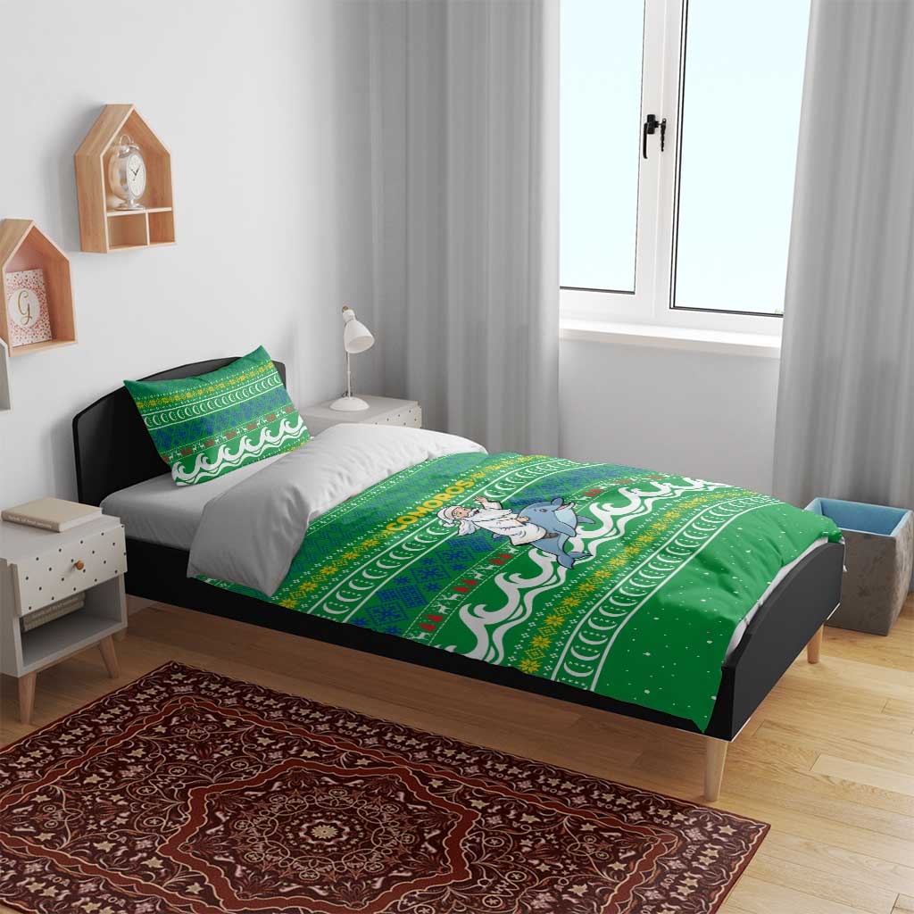Comoros Christmas Bedding Set Santa Riding Dolphin Ocean Waves Crescent Moon - African Pride