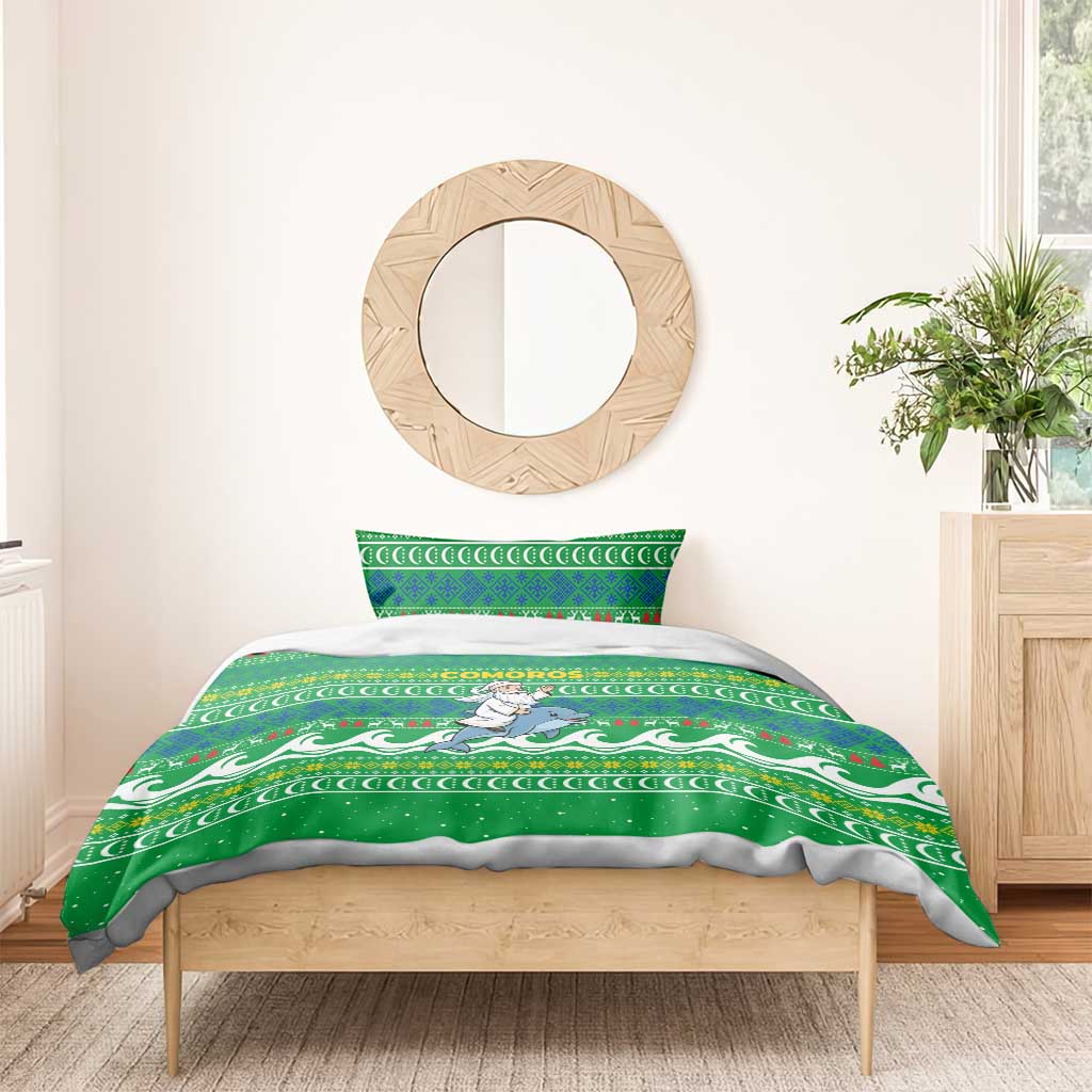 Comoros Christmas Bedding Set Santa Riding Dolphin Ocean Waves Crescent Moon - African Pride