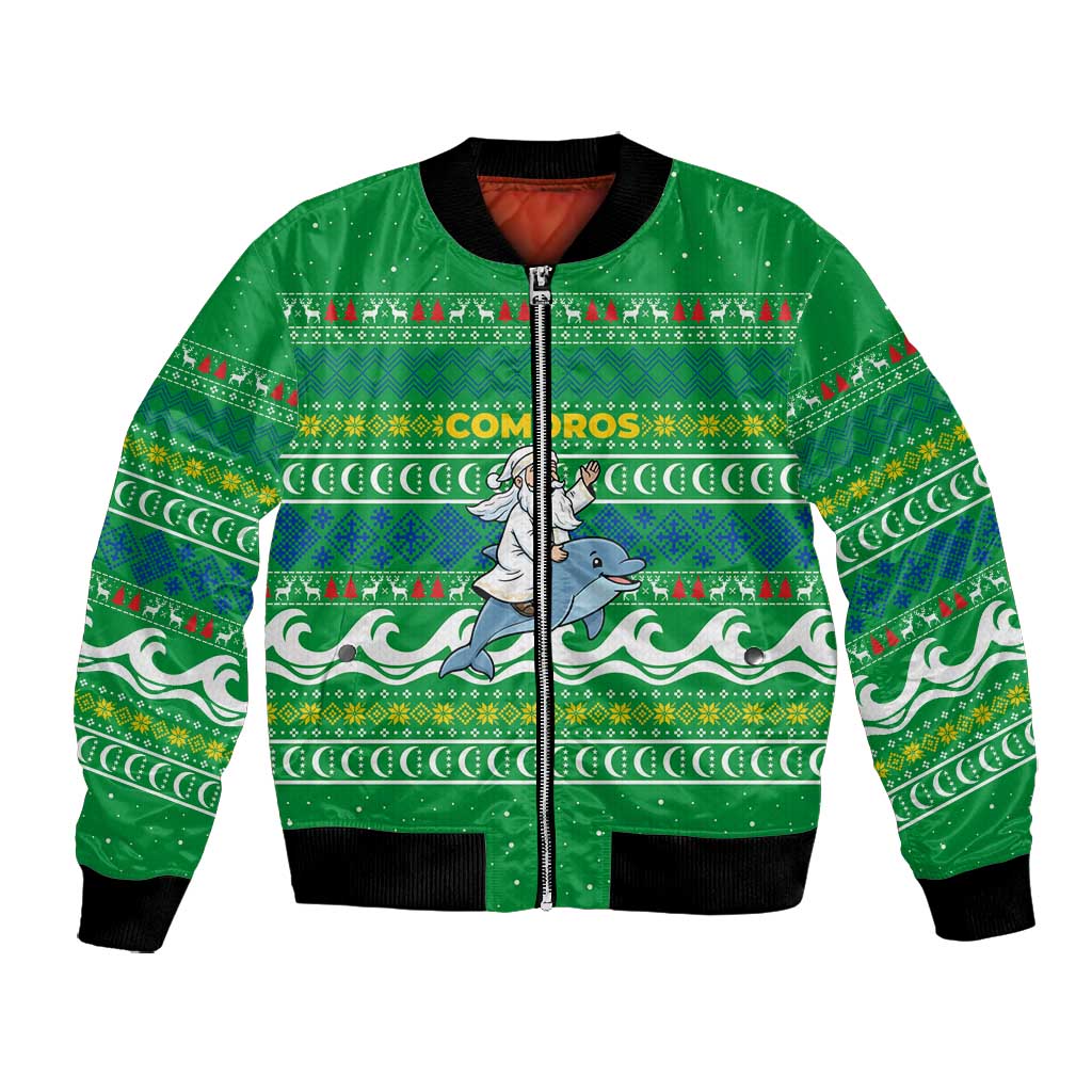 Comoros Christmas Bomber Jacket Santa Riding Dolphin Ocean Waves Crescent Moon - African Pride