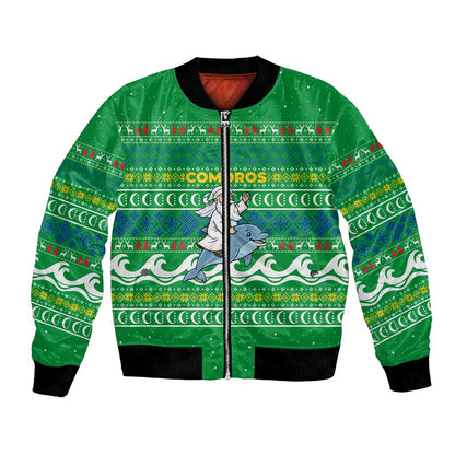 Comoros Christmas Bomber Jacket Santa Riding Dolphin Ocean Waves Crescent Moon - African Pride