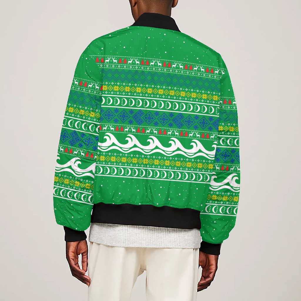Comoros Christmas Bomber Jacket Santa Riding Dolphin Ocean Waves Crescent Moon - African Pride