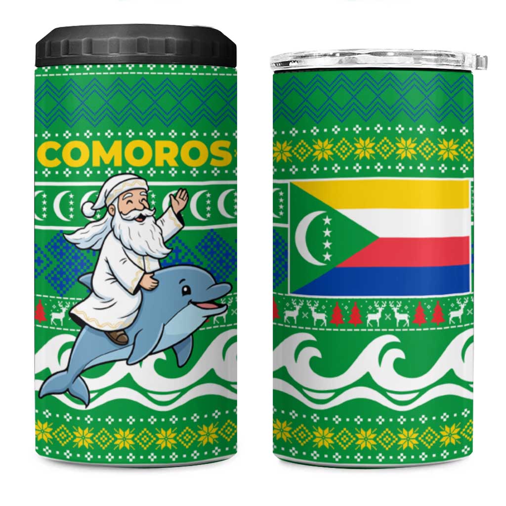 Comoros Christmas 4 in 1 Can Cooler Tumbler Santa Riding Dolphin Ocean Waves Crescent Moon - African Pride