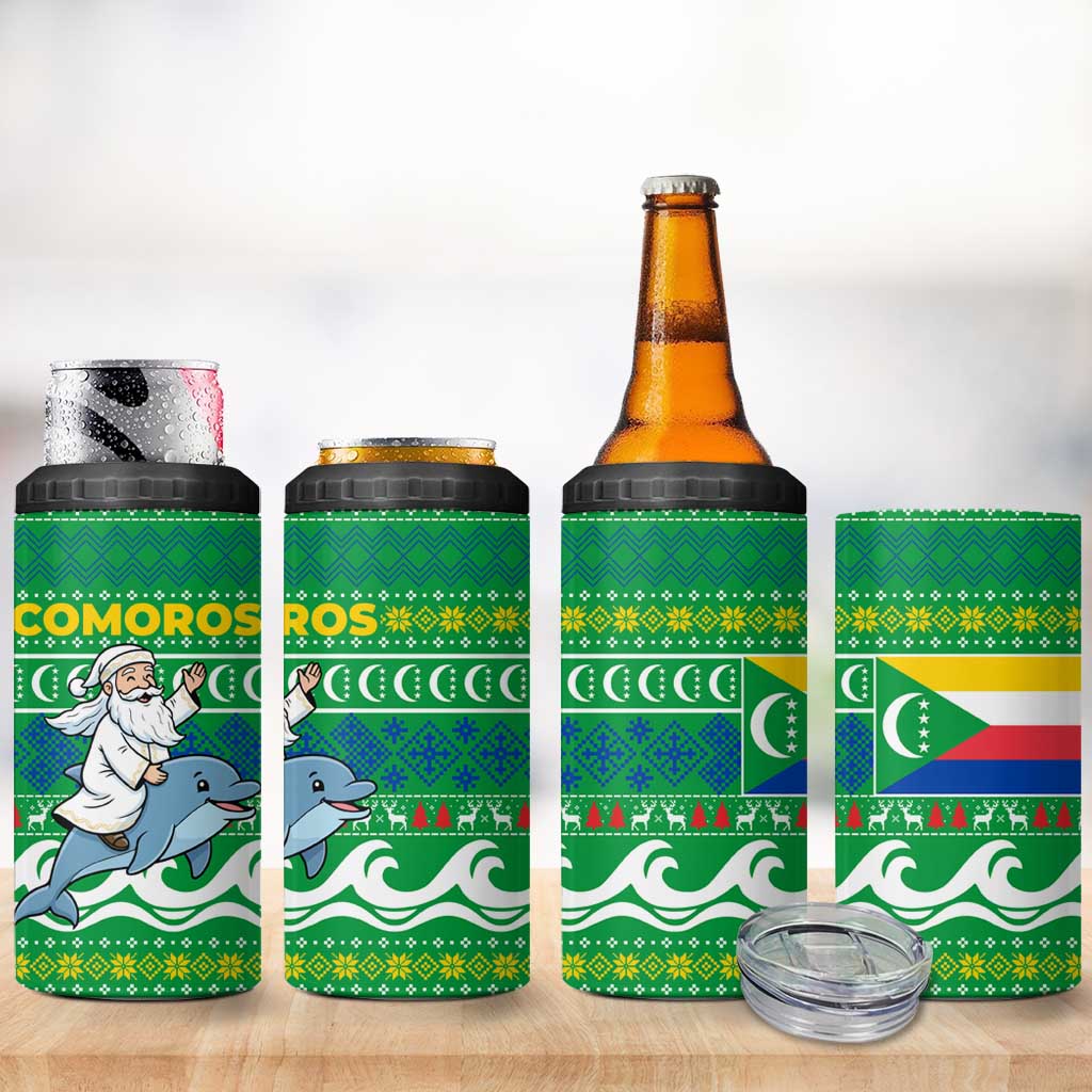 Comoros Christmas 4 in 1 Can Cooler Tumbler Santa Riding Dolphin Ocean Waves Crescent Moon - African Pride