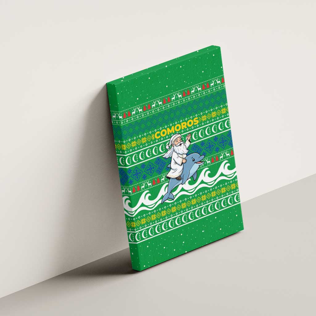 Comoros Christmas Canvas Wall Art Santa Riding Dolphin Ocean Waves Crescent Moon - African Pride
