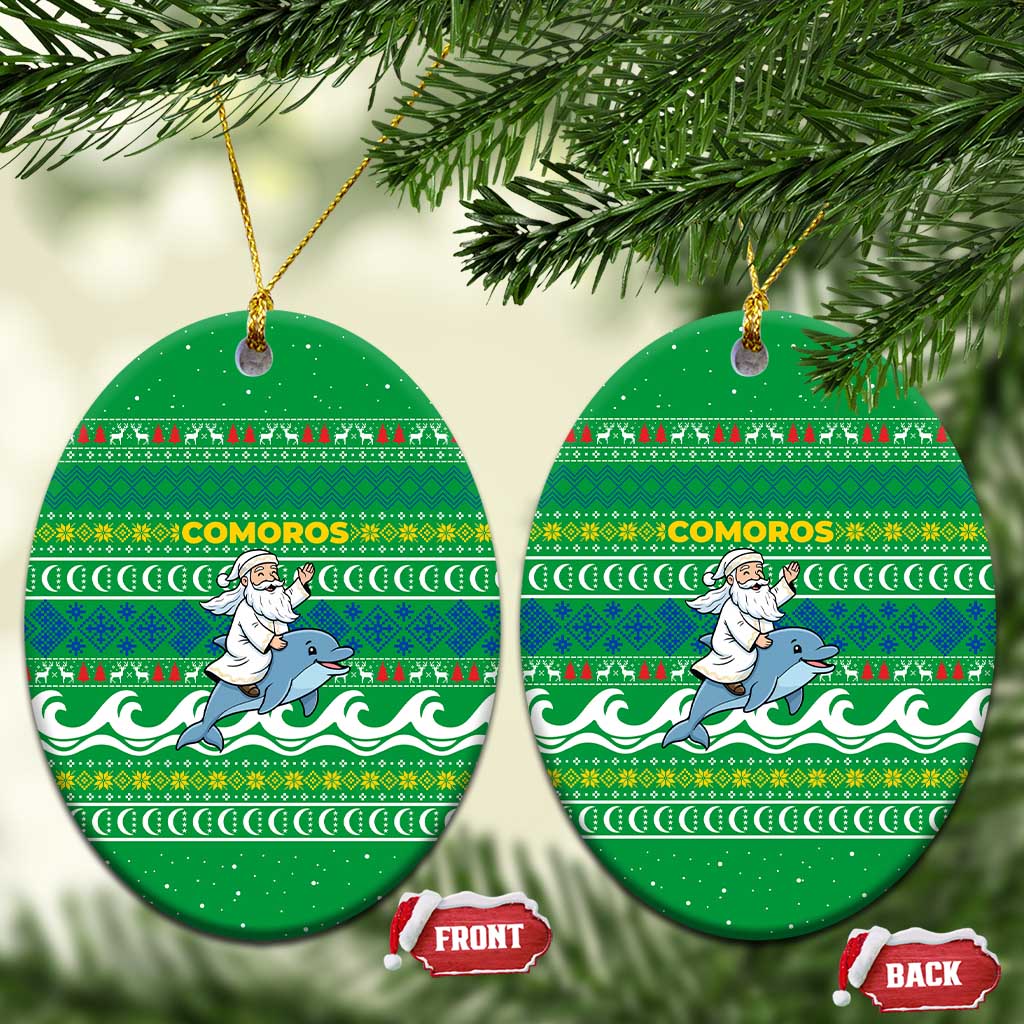 Comoros Christmas Ceramic Ornament Santa Riding Dolphin Ocean Waves Crescent Moon - African Pride