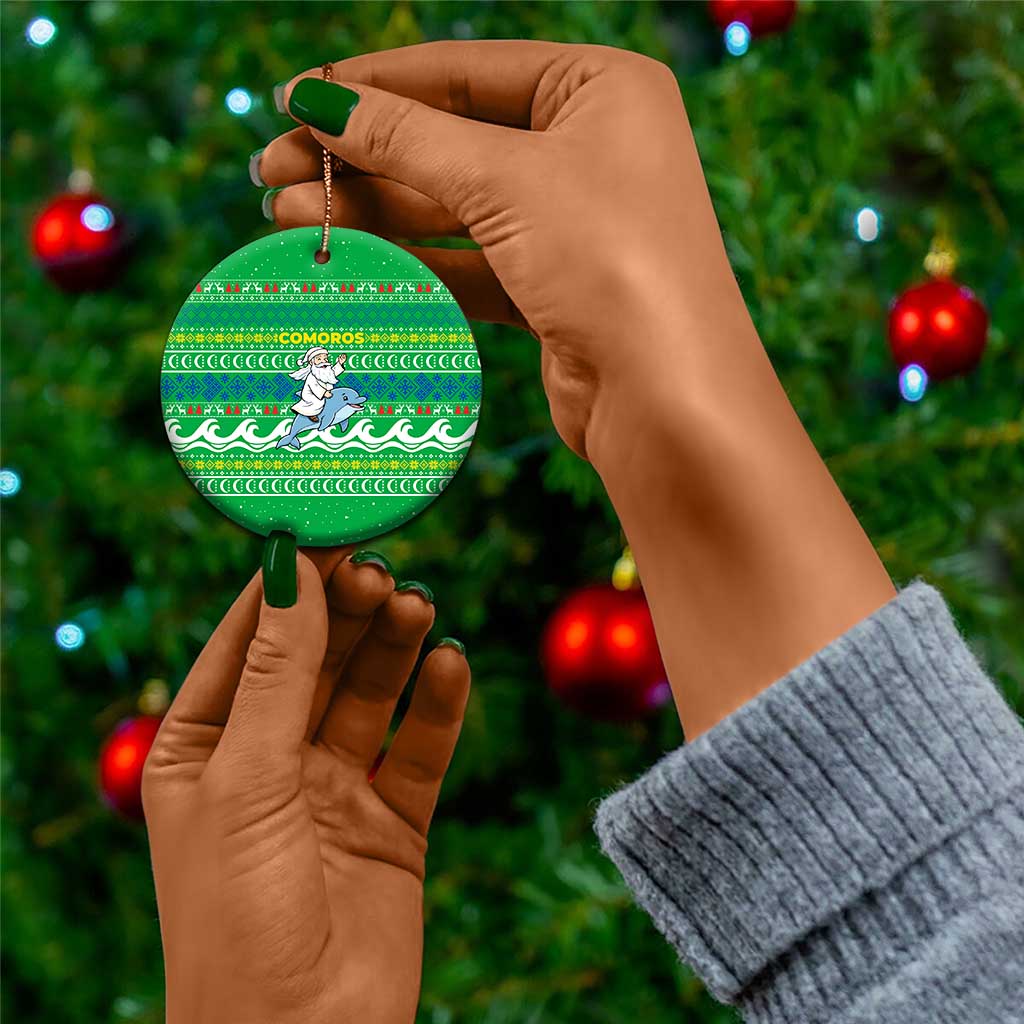 Comoros Christmas Ceramic Ornament Santa Riding Dolphin Ocean Waves Crescent Moon - African Pride
