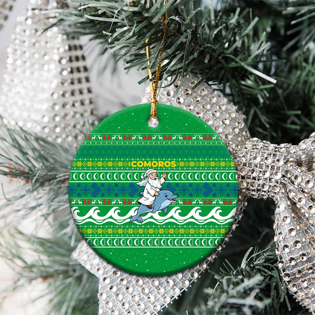 Comoros Christmas Ceramic Ornament Santa Riding Dolphin Ocean Waves Crescent Moon - African Pride