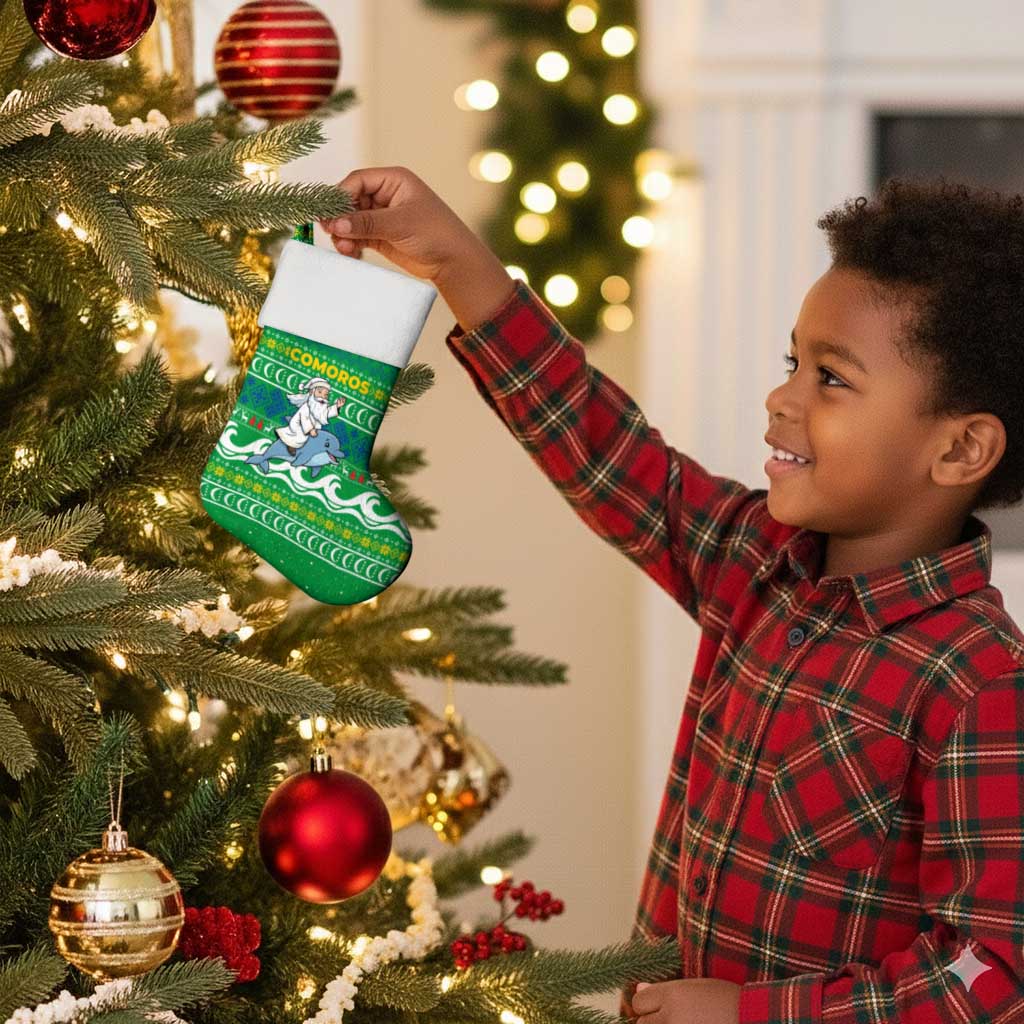 Comoros Christmas Stocking Santa Riding Dolphin Ocean Waves Crescent Moon - African Pride