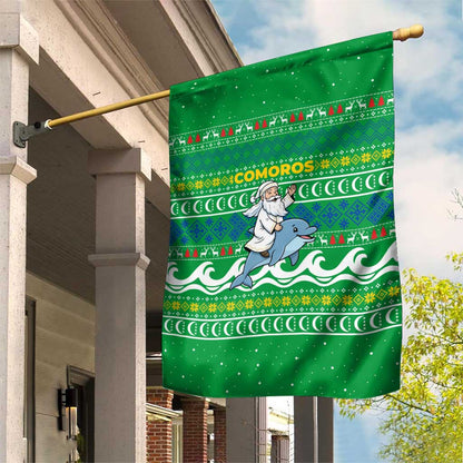 Comoros Christmas Garden Flag Santa Riding Dolphin Ocean Waves Crescent Moon - African Pride