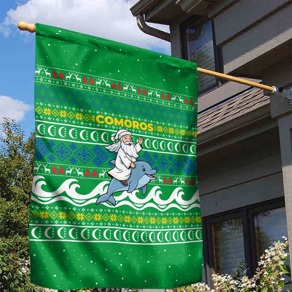 Comoros Christmas Garden Flag Santa Riding Dolphin Ocean Waves Crescent Moon - African Pride