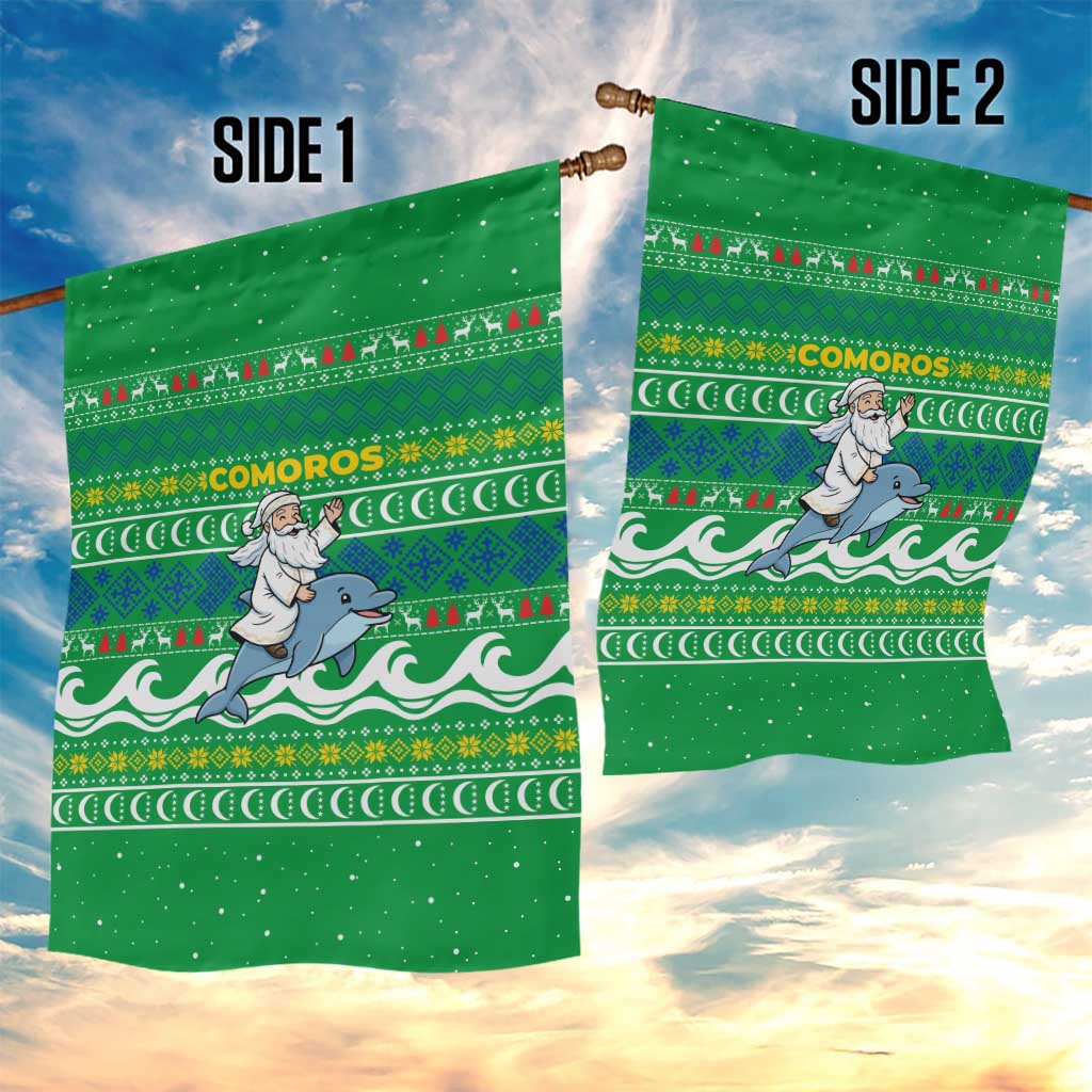 Comoros Christmas Garden Flag Santa Riding Dolphin Ocean Waves Crescent Moon - African Pride