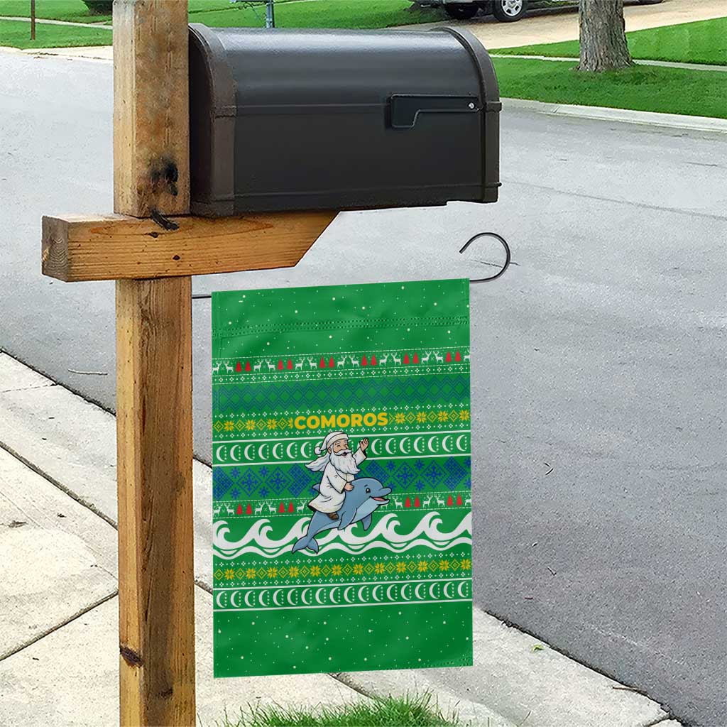 Comoros Christmas Garden Flag Santa Riding Dolphin Ocean Waves Crescent Moon - African Pride