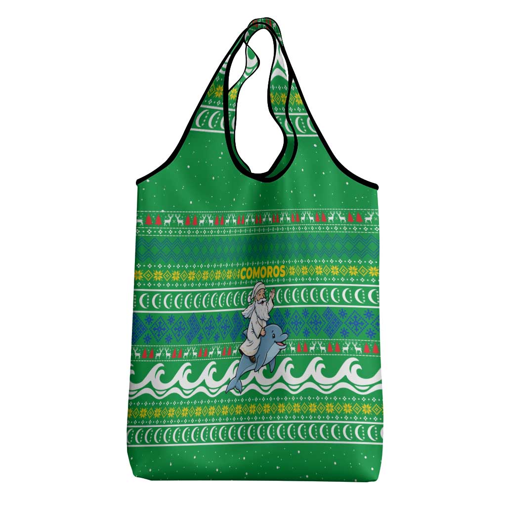 Comoros Christmas Grocery Bag Santa Riding Dolphin Ocean Waves Crescent Moon - African Pride