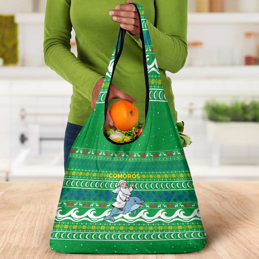 Comoros Christmas Grocery Bag Santa Riding Dolphin Ocean Waves Crescent Moon - African Pride