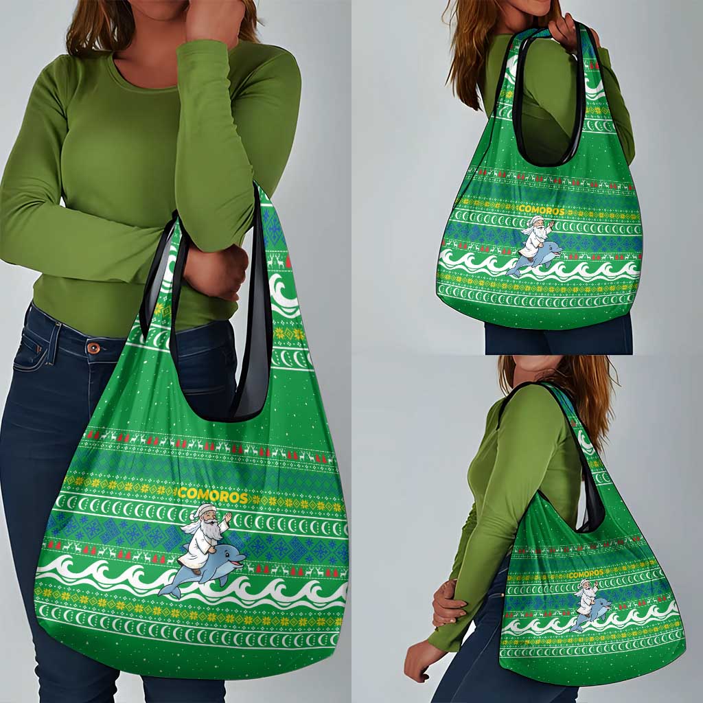 Comoros Christmas Grocery Bag Santa Riding Dolphin Ocean Waves Crescent Moon - African Pride
