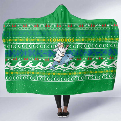 Comoros Christmas Hooded Blanket Santa Riding Dolphin Ocean Waves Crescent Moon - African Pride