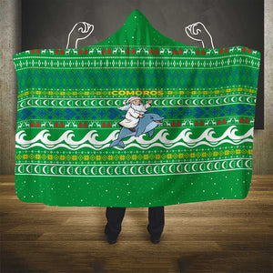 Comoros Christmas Hooded Blanket Santa Riding Dolphin Ocean Waves Crescent Moon - African Pride