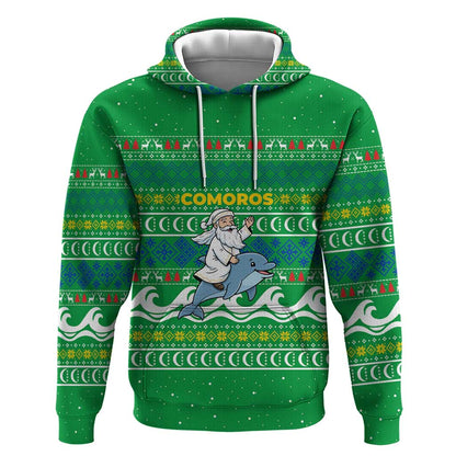 Comoros Christmas Hoodie Santa Riding Dolphin Ocean Waves Crescent Moon - African Pride