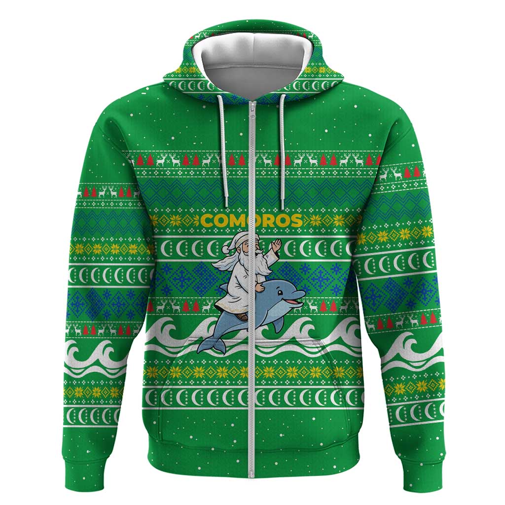 Comoros Christmas Hoodie Santa Riding Dolphin Ocean Waves Crescent Moon - African Pride