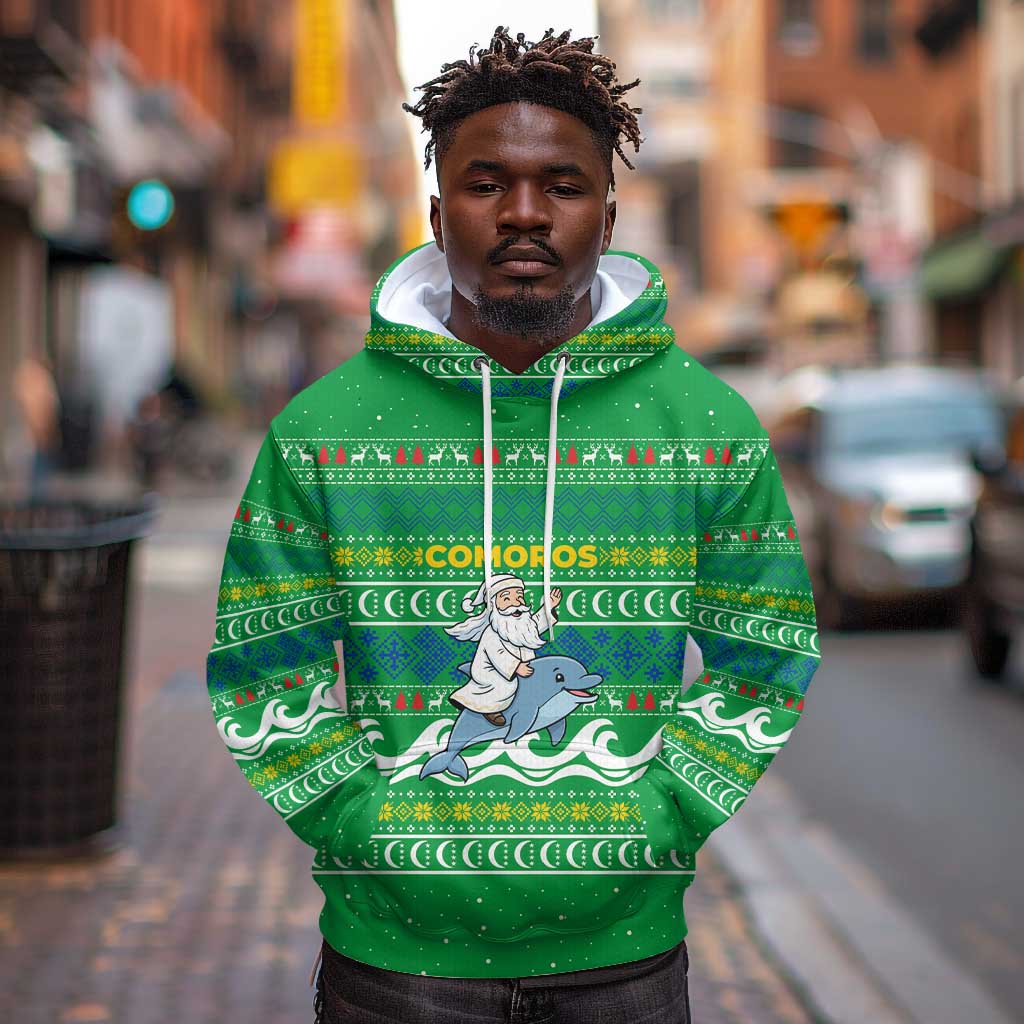 Comoros Christmas Hoodie Santa Riding Dolphin Ocean Waves Crescent Moon - African Pride