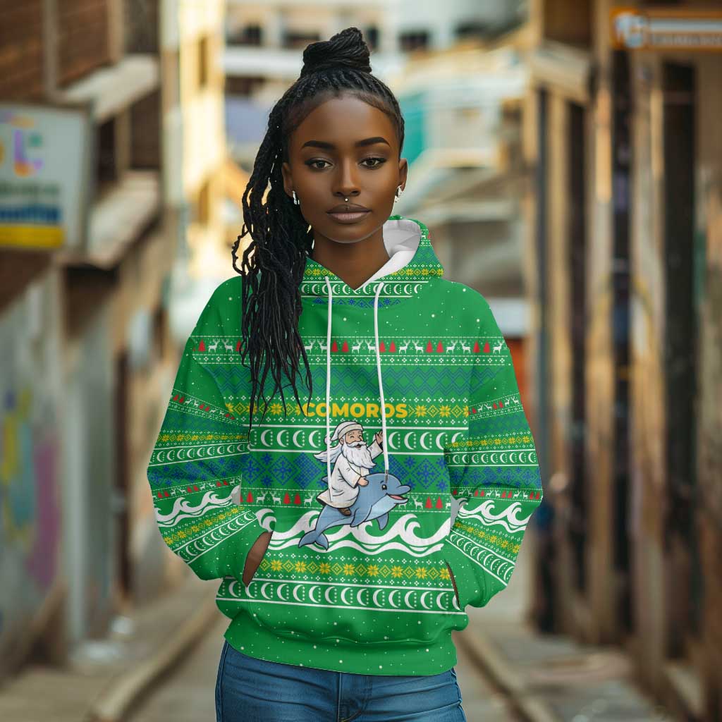Comoros Christmas Hoodie Santa Riding Dolphin Ocean Waves Crescent Moon - African Pride