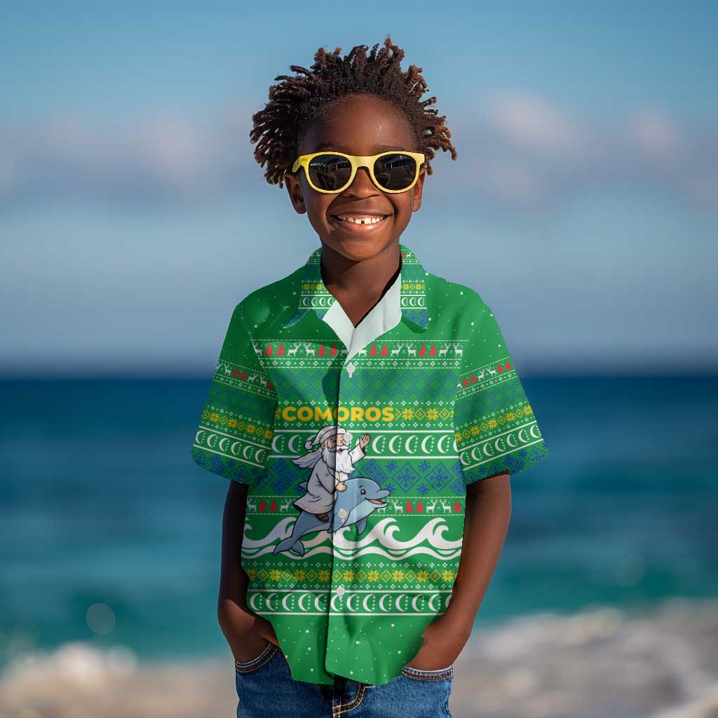 Comoros Christmas Kid Hawaiian Shirt Santa Riding Dolphin Ocean Waves Crescent Moon - African Pride