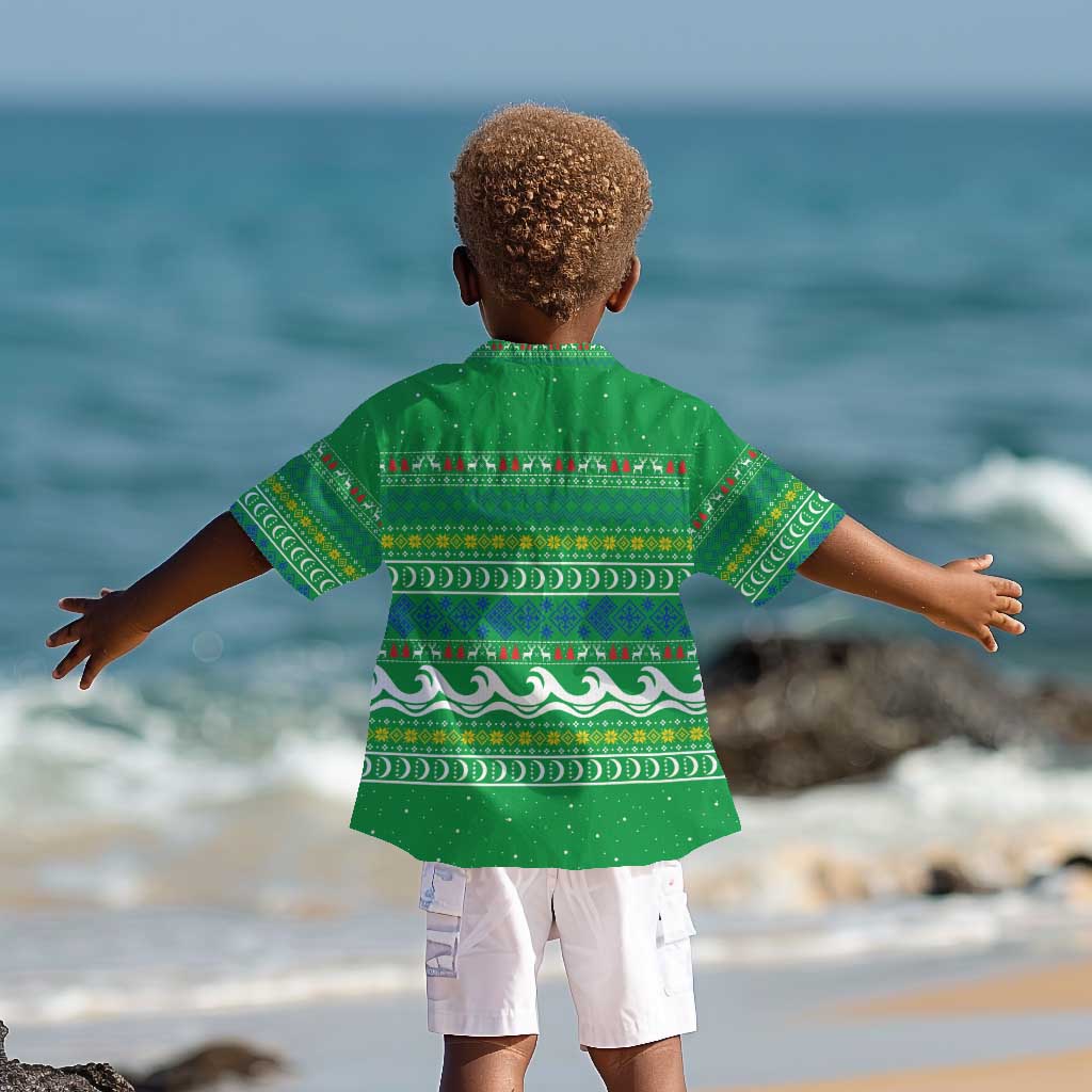 Comoros Christmas Kid Hawaiian Shirt Santa Riding Dolphin Ocean Waves Crescent Moon - African Pride