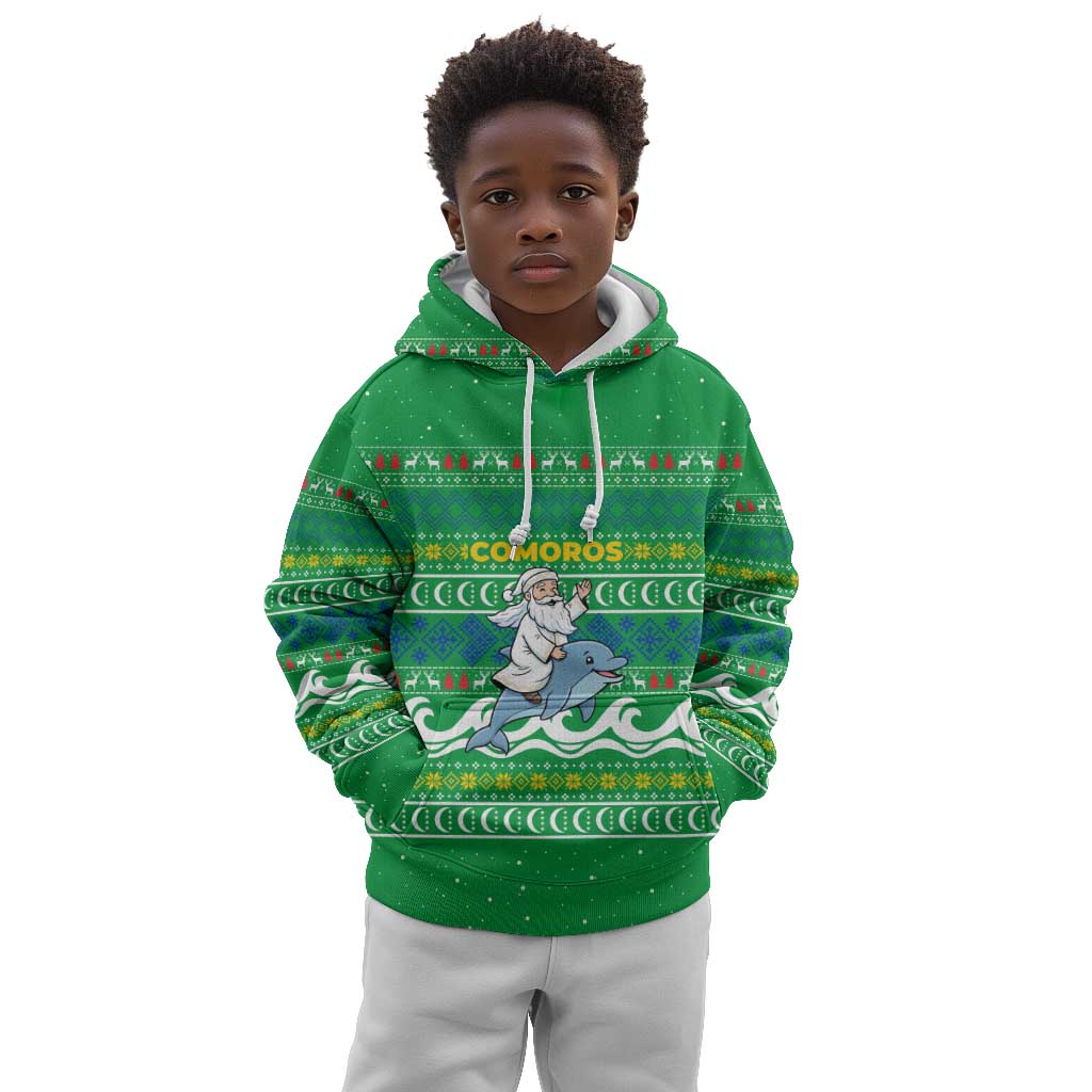Comoros Christmas Kid Hoodie Santa Riding Dolphin Ocean Waves Crescent Moon - African Pride