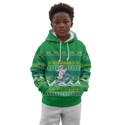 Comoros Christmas Kid Hoodie Santa Riding Dolphin Ocean Waves Crescent Moon - African Pride