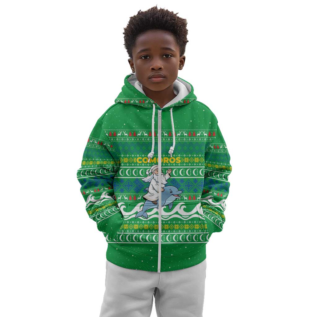 Comoros Christmas Kid Hoodie Santa Riding Dolphin Ocean Waves Crescent Moon - African Pride