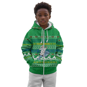 Comoros Christmas Kid Hoodie Santa Riding Dolphin Ocean Waves Crescent Moon - African Pride