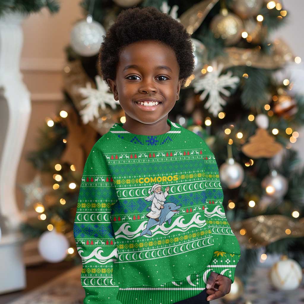 Comoros Christmas Kid Ugly Christmas Sweater Santa Riding Dolphin Ocean Waves Crescent Moon - African Pride